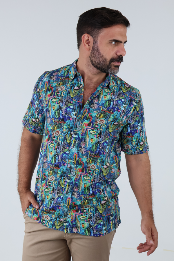 Camisa Manga Corta Estampado Moderno Corte Relax Con Botones Para Hombre